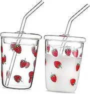 Zerodeko 2Pcs Strawberry Patterned Glass Cups with Lid and Straw Heat Resistant Drinking Glasses for Juice Milk Tea and Beverages Stylish and Functional Glassware for Home and Office