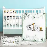Hahafelt 3 Pcs Baby Crib Bedding Set - Safari Animals Watercolor Eucalyptus Jungle Crib Set Includes Quilt, Fitted Sheet, Skirt for Baby Boy Girl