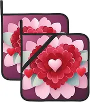 Valentine Day Heart Flower Potholders BBQ Pot Holders for Heat Resistant Potholder, Hot Pads,Cooking Baking(2-Pack)