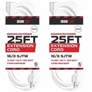 25 Ft White Extension Cord 2 Pack - 16/3 Durable Electrical Cable