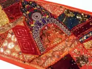 40" RARE VINTAGE ART DÉCOR SARI BEADED SEQUIN TAPESTRY TABLE LINEN RUNNER THROW