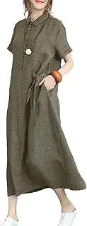 [HongYunoH] Women's Solid Color Cotton Linen Dress Summer Fashion Loose Lapel Short Sleeve Dress Casual Dress Black S