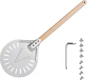 Funvalley Surperfect 9 Inch Pizza Turning Peel Round Perforated Pizza Paddle with 16 Inch Anti-Scalding Wooden Handle for Homemade Pizza Oven Accessories