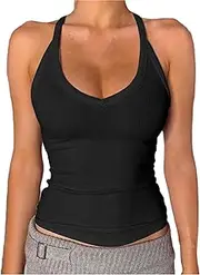 [Generic] Women Solid Colors Sling Sleeveless Sport Tank Tops Womens Sexy Crop Top Set Racer Back Tank Top For Women Padded Ribbed Short Tank Basic Tops
