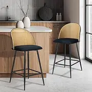 [OIKITURE] Bar Stools Set of 2 Boucle Fabric Bar Stools with PU Rattan Backrest Counter Kitchen Chairs Dining Chair, Black