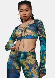 [Jaded London] Abstract Burn Print Mesh Long Sleeve Crop Top