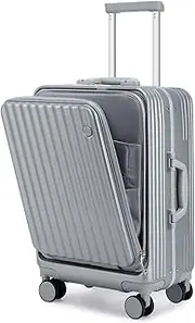 [Somago] Carry on Luggage Front Open 22x14x9 Airline Approved Lightweight Suitcase with Cup Holder and USB Port Aluminum Frame Polycarbonate Spinner Hard Suitcase with TSA Lock, Silver, Carry on Luggage