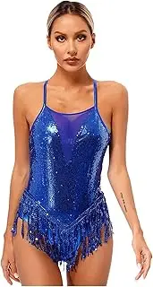 [Sinleey] Women Shiny Sequins Gymnastics Leotard One Piece Tassel Fringe Bodysuit Ballroom Latin Jazz Dance Costume
