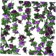 4 Pcs 33 Ft Fake Rose Vine Flowers Plants Artificial Purple + Dark Purple