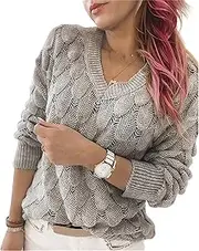 Zylphorix Women's Pink V-Neck Loose Knit Sweater with Diamond Lace Pattern and Ribbed Cuffs/Hem for Casual Everyday Wear