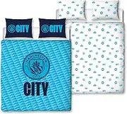 Manchester City FC Character World Official Double Duvet Cover Set, Crestcol Design | Blue Reversible 2 Sided Football Bedding Cover Official Merchandise Including Matching Pillow Cases