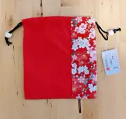 Japanese Kinchaku Drawstring Pouch Bag Flower Design 16cm X 14.5cm Red