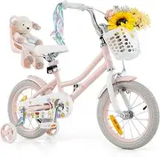 [Honey Joy] Kids Bike, 14 Inch Children Bicycle w/Detachable Training Wheels, Storage Basket, Adjustable Seat & Handlebar, Bow or Streamer, Girls Bike for 3-5 Years Old, Pink