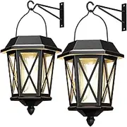 Solar Lanterns Outdoor Waterproof, Hanging Solar Lights with Glass Shade - 2 Pack LED Metal Wall Mount Outdoor Light for Yard/Garden/Patio - Black
