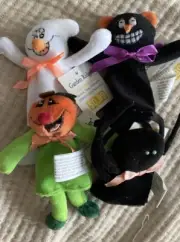 Vtg Halloween Finger Puppets Set Plush Toy Black Cat Spider Pumpkin Ghost Kids