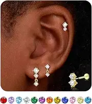 [Sanfenly] 3 Pairs Flat Back Earrings Studs 18G-Hypoallergenic Cartilage Earring Sets for Multiple Piercing-Minimalist CZ Birthstone Drop Dangle Earrings Internal Thread Flatback Earring Stacks for Conch Tragus Helix Piercing Jewelry
