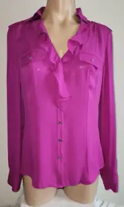 White House Black Market NWT 4 Pink Ruffle Button Up Silk Long Sleeve Blouse Top