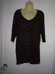 BCBGMAXARIA TUNIC TOP-SZ XL-ROUND NECK-ELBOW SLEEVE-BEAD TRIM--BROWN-SNAP FRONT