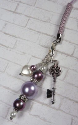 Heart Glass Pearl Rhinestone Handmade Cell Phone Charm Lanyard Strap Purple New