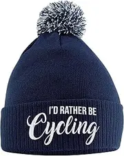 [Purple Print House] I'd Rather Be Cycling Bobble Hat, Birthday Cycling Gifts Bike Warm Winter Knitted Beanie Hat with Faux Fur Pom Pom for Womens Kids Girls and Boys Mens