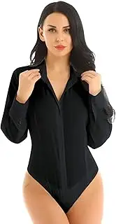 [Riismen] Women's Long Sleeve Button Down Shirts Bodysuit Work Blouse Casual Turn-Down Collar Leotard Tops