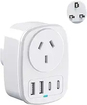 Lylilidy AU to UK Travel Adapter 1PCS, Autralia to UK Travel Plug with 4 USB Ports(2 USB C), Type G Travel Converter for AUS to Qatar Ireland Hong Kong England Scotland Kenya Dubai London British