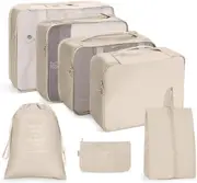8 Set Packing Cubes with Shoe Bag Travel Luggage Organizer for Suitcase Clothes Storage Bag,Beige