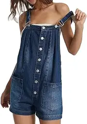 [LifeShe] Women's Denim Overall Shortalls Adjustable Straps Jeans Shorts Romper Jumpsuits with Patch Pockets