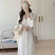 Long-Sleeve Collared Plain Midi A-Line Shirt Dress White - S