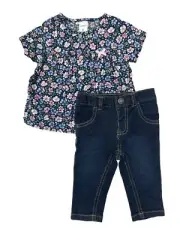 Carters Infant Girls 2PC Navy Blue & Floral Button Up Top & Jean Pants