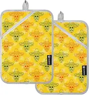 Kitchen Pot Holders Heat Resistant Happy Halloween Funny Skulls Yellow Potholders for Kitchens with Pocket Hot Pads for Cooking Oven Mitts 2 Pack