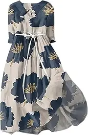 [Generic] Long Sundresses for Women Casual Summer Midi Long Sleeve Loose Dress Dresses with Bell Sleeves (Dark Blue-B, S)