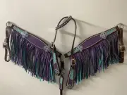 Western Brown Leather Set of Headstall & Breast Collar With Fringe And Conchos