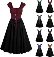 [Generic] Vintage Sleeveless Dresses for Women Tunic Dress Square Neck Apron Oktoberfest Beer Girl Costume Womens Leisure Solid Colors Comfy Dress