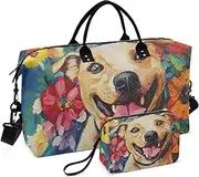 [YXYZRMY] Cute Dog Flowers Travel Duffel Bag Gym Bag Sports Tote Bag with Multiple Interior Pockets Shoulder Weekender Bag for Women Men with Toiletry Bag 20.5”x 7.9”x 13.8”, Multi-Colored, one size
