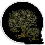 Golden Tree Drawing over Black Round Beach Towel