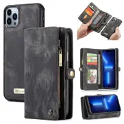 CaseMe For Apple iPhone 13 Pro Zipper & Detachable Retro Leather Pouch Wallet Flip Purse Bag Detachable Phone Case Cover (Black)