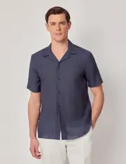 Hawes & Curtis Navy Pure Linen Slim Shirt | Short Sleeve | Revere Collar Size: Large