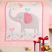 Brandream Pink Jungle Animals Baby Crib Bedding Set for Girls Elephant Nursery Bedding Set 3 Piece | Crib Quilt, Fitted Crib Sheet, Crib Skirt Included with Garden Birds Floral Design