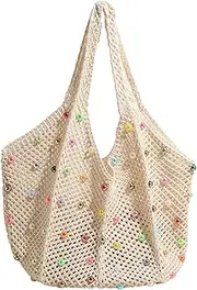 FloralGrace 1 Stück Boho Gehäkelte Strand Tote Schultertasche mit Farbenfrohen Perlen, Gewebte Tasche Handtasche | Farbenfrohe Hippie Häkeltasche Beach Bag für Frauen