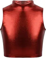 [Linjinx] Juniors Kids Girls Sparkly Metallic Crop Tank Tops Athletic Dance Shirt for Sports Hip Hop Jazz
