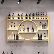 Wall Mounted Wine Rack with LED,3-Tier Metal Wine Bottle Shelf with Wine Glass Holder, Modern Bar Shelves Bar Liquor Bottle Display Shelf Multifunctional Wine Storage Rack for Home Bar (Gold, 120)