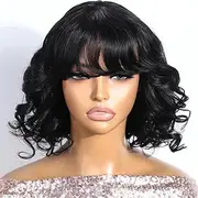 Short Bob Body Wave Bob Wigs With Bangs Glueless Short Bob Wig Human Hair Wigs For Women 180 Density 12 Inch 1B