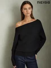 Reiss Black Lorna Asymmetric Draped Knitted Jumper (C67880) | $225