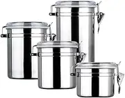 Set of 4 Stainless Steel Airtight Jars with Clear Sealing Lids and Locking Clips, Kitchen Jars, Countertop Food Storage Containers for Flour, Tea, Candy, Biscuits, Cereals, Coffee Storage