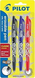 Pilot Frixion Ball Erasable Gel Pen, Fine Tip (0.7mm) - Pack of 3 Gel Pens - Black, Blue, Red