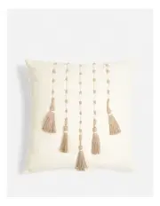 [Yellow Drama] Embroidered 18x18in Boho Chic Cushion Cover With Tassels in Cream