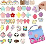 Jspupifip 40 Pcs Chenille Embroidered Patches, Self Adhesive Glitter Patches Flowers Stars Hearts Rainbows Butterflies Cat Paws Diamonds Lightning Fabric Stickers for Clothes Repair Decor Accessories