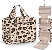 [Wedama] Toiletry Bag for Women, Large Cosmetic Travel Bag, Hanging Toiletry Bag for Bathroom, Thickened PVC Waterproof Makeup Bag, Toiletries Bag for Travel Trips and Camping, Leopard Print