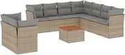 vidaxl Garden Sofa Set - Modular 10-Piece Patio Seating - Beige Poly Rattan with Acacia Wood Table - Outdoor Patio Furniture with Cushioned Seats for Garden, Terrace, Balcony, Lounge - Weather res...